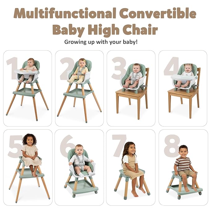 8 in 1 Wooden High Chairs for Babies Toddlers, Convertible to Booster Seat, Baby Feeding Highchair w/ 5-Point Safety Harness, Removable Tray & Cushion, Green