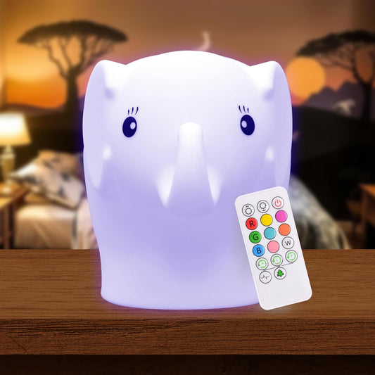 Lumipets Remote Control Silicone Night Light for Kids - Elephant Design with 9 Soft Colors & Sleep Timer - Rechargeable, Battery-Operated Lamp for Bedroom | Baby Nursery, Toddler, Girls, Boys