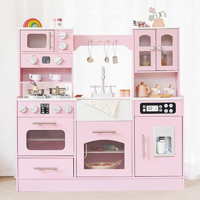 Wooden Play Kitchen for Toddlers and Kids with Lights & Sounds, Large Interactive Pretend Play Set with Ice Maker, Stove, Sink, Oven, 12 Accessories - Ages 3-8