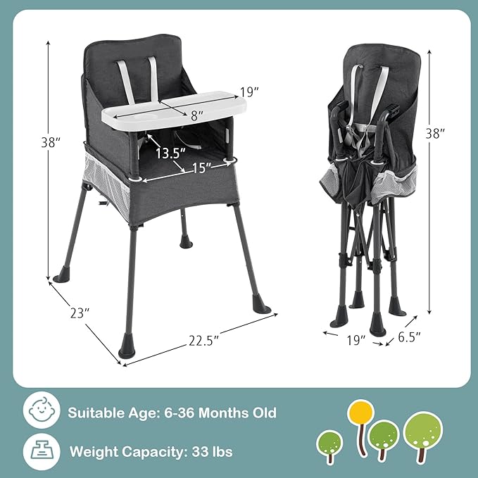 HONEY JOY Portable High Chair for Babies and Toddlers, Foldable Highchair with Tray, Storage Pocket, 5-Point Safety Harness, Compact Space Saver Baby Feeding Chair for Travel, Carry Bag (Gray)
