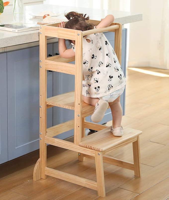 Kitchen Step Stool for Toddlers,Wiifo Adjustable Height Kids Learning Stool, Toddler Standing Tower(Natural)