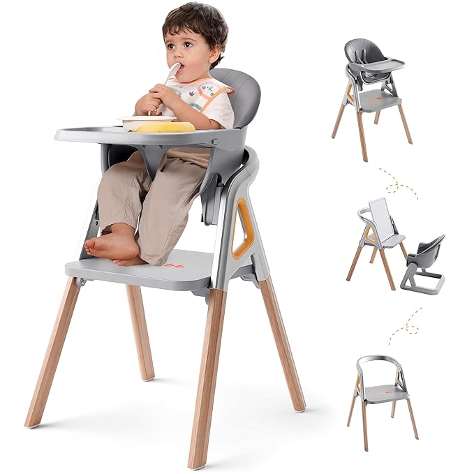 CoziBB Baby High Chair, 6 in 1 Convertible Growing Baby Highchairs for Babies and Toddlers, Baby Chair with Adjustable Dining Tray and Seat, 5-Point Safety Belt, Grey