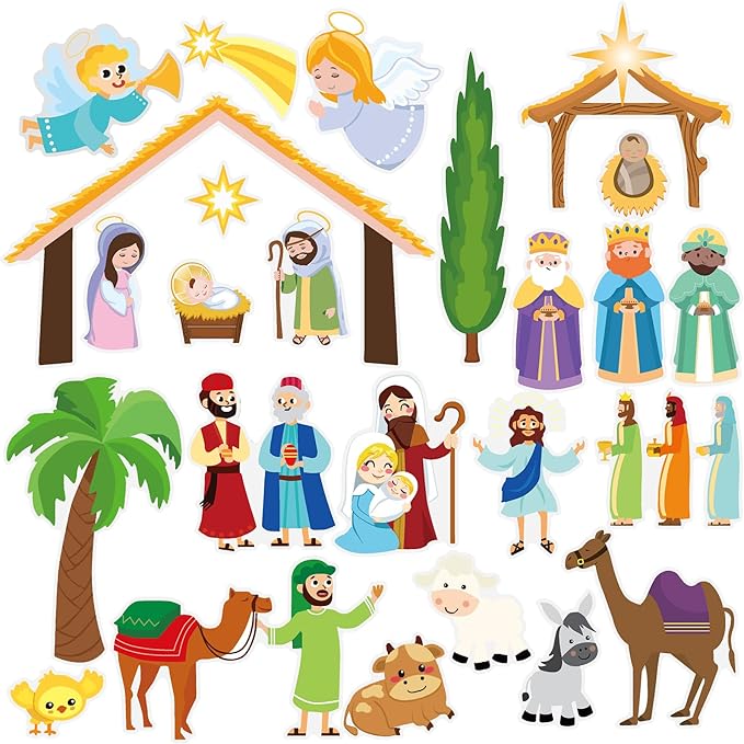 MARFOREVER Nativity Christmas Window Clings Stickers,50 PCS Christmas Religious Gel Stickers Holy Jesus Thick Gel Clings Decals for Gift Toddlers Classroom Xmas Window