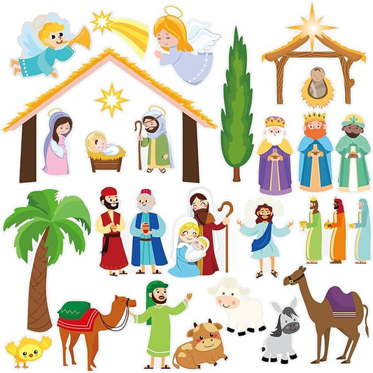 MARFOREVER Nativity Christmas Window Clings Stickers,50 PCS Christmas Religious Gel Stickers Holy Jesus Thick Gel Clings Decals for Gift Toddlers Classroom Xmas Window