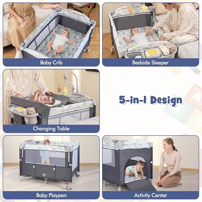 HONEY JOY Pack and Play with Bassinet, 5-in-1 Baby Bedside Sleeper w/Diaper Changing Table & Storage Bag, Toy Arch & Music Box, Detachable Side Rail, Portable Baby Play Yard w/Carry Bag(Gray)