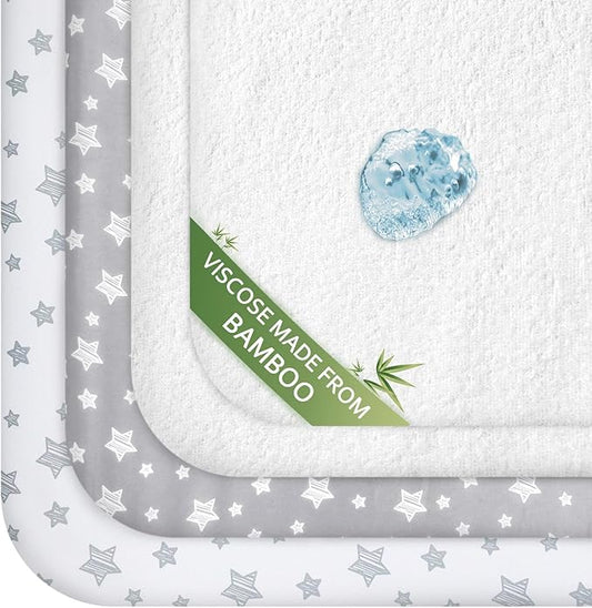 Pack and Play Sheets & Waterproof Terry Pack N Play Mattress Protector Pad Cover 4 Pack, Viscose Terry Pack N Play Sheets Set, Grey & White