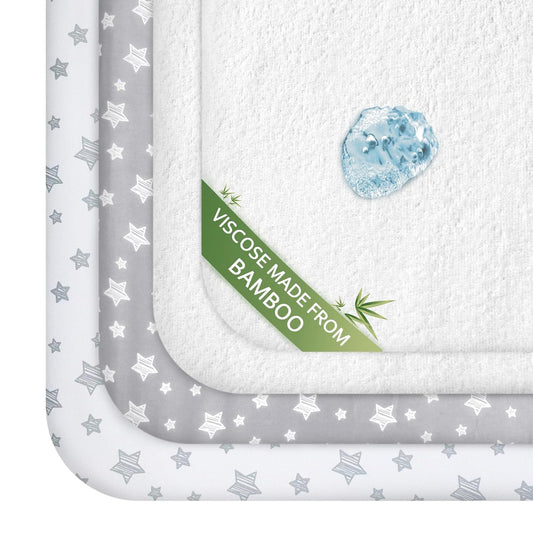 Pack and Play Sheets & Waterproof Terry Pack N Play Mattress Protector Pad Cover 4 Pack, Viscose Terry Pack N Play Sheets Set, Grey & White