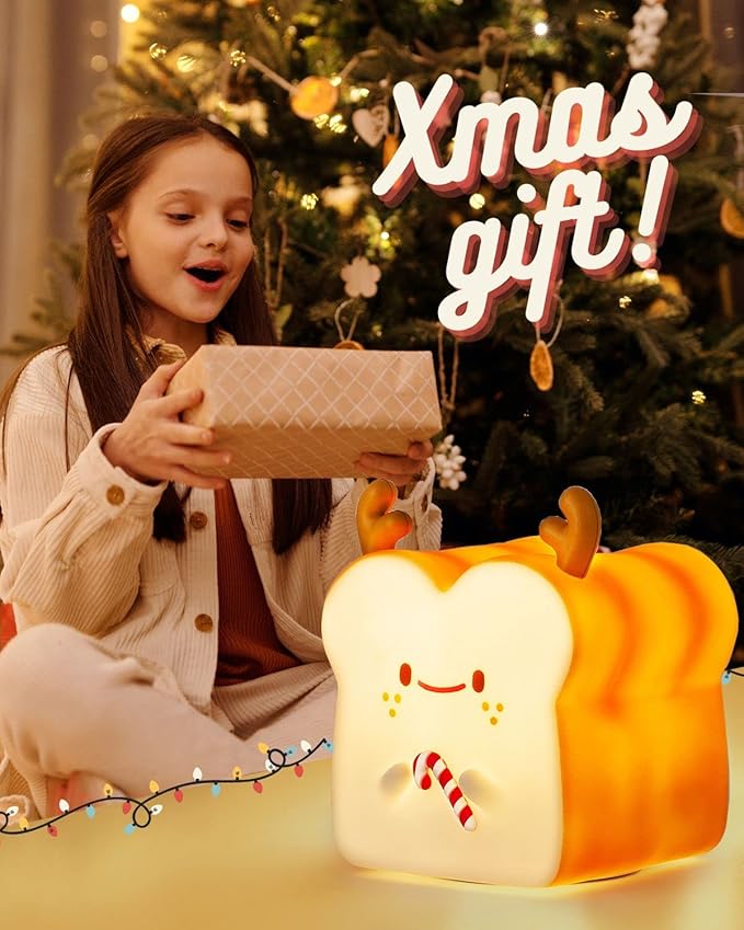 Cute Christmas Gifts for Women, Girl, Deer Toast Lamp Bread Night Light, Battery Powered USB Rechargeable, Touch Senser, 1 Hour Timer, Portable Silicone Kids Nightlight for Nursery