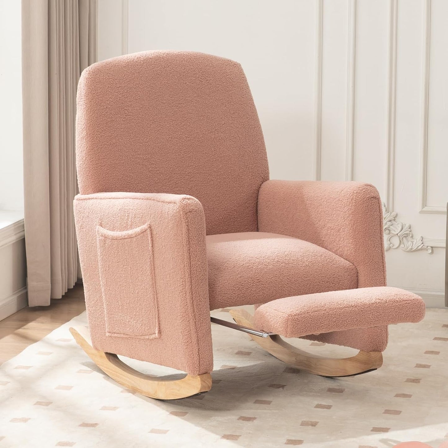 FOXHUNTER Rocking Chair Nursery with Adjustable Footrest and High Backrest, Upholstered Glider Chairs with Side Pockets for Nursery, Rocker Armchair Indoor for Living Room,Pink