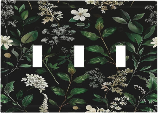 Decorative Switch Covers Plate Rustic Green Leaves White Flower 3 Gang Artistic Wall Plate Unique Triple Toggle Light Switch Plate Jumbo Faceplate for Country Bedroom Home Decor