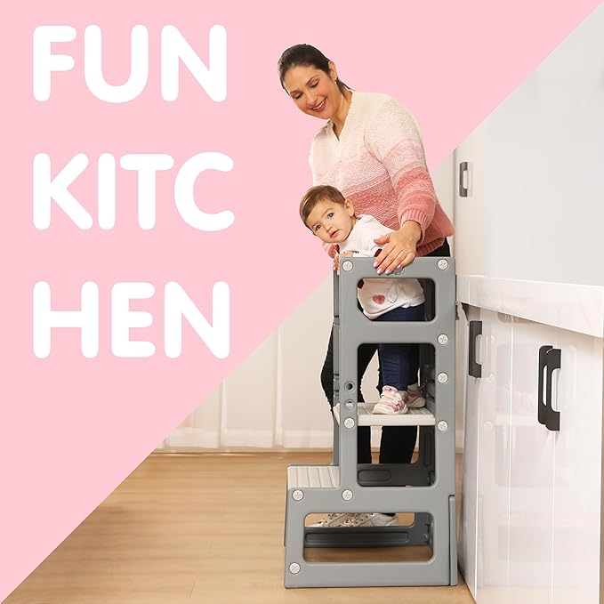 SDADI Adjustable Height Kids Kitchen Step Stool with Removable Safety Rails and Anti-Slip Protection- Toddler Standing Tower with with Ring Toss for Learning and Playing (Dark Grey and Light Grey)