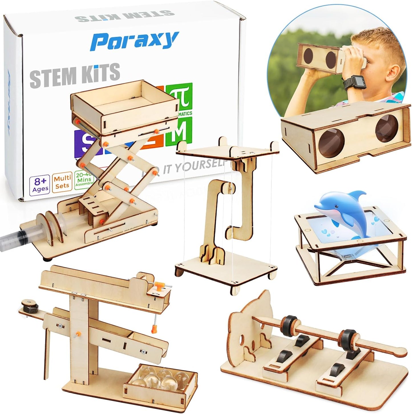 Poraxy 6 in 1 STEM Kits for Kids Age 8-10, Science Building Educational Experiment Projects 8-12, 3D Wooden Puzzles Crafts, Toys for Age 8-13, Gifts for Boys and Girls 6 7 8 9 10 11 12 13 Years Old