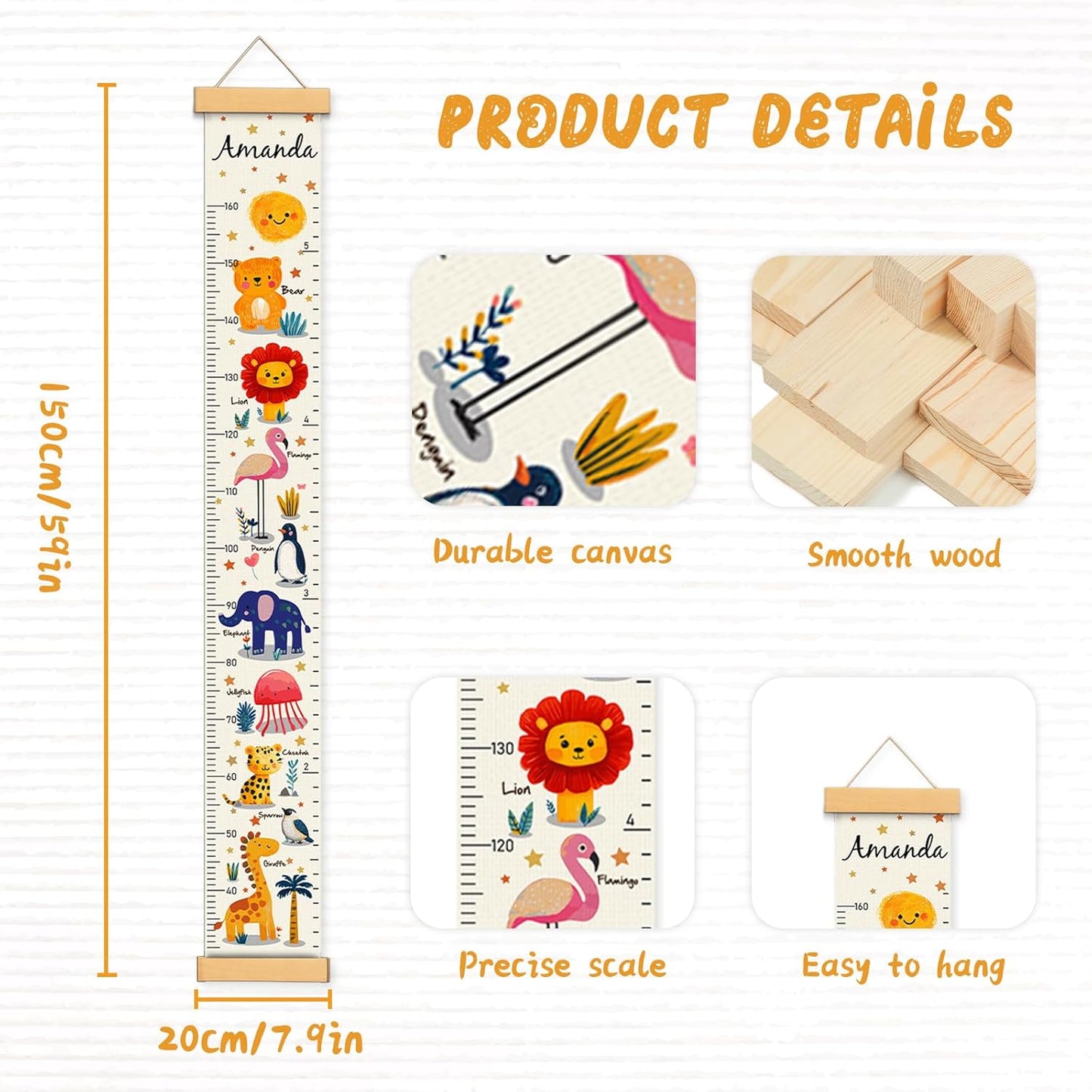 Personalized Name Kids Growth Chart, Watercolor Animal Canvas Height Measurement Ruler for Baby, Kids Height Wall Chart for Child's Room Decoration, Waterproof Measuring Wall Ruler