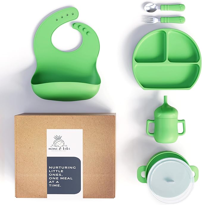 mimi & kiki BPA-Free Silicone Baby Feeding Set, Baby Plates and Bowls Set, Baby Led Weaning Supplies, Silicone Suction Plate, Baby Utensils, Bib and Cup, Self Feeding, Dishwasher Safe (Green)