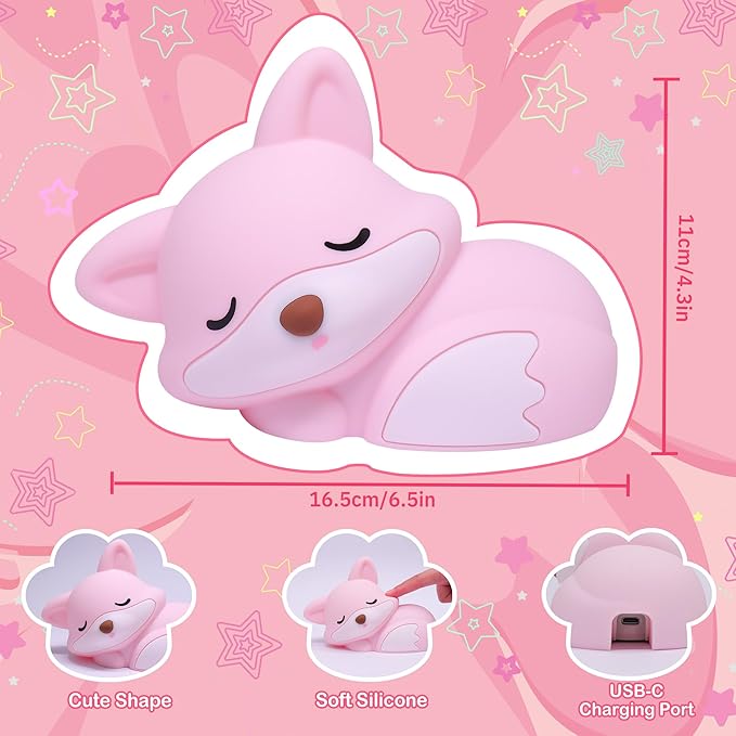 Pink Fox Night Light Toy Gifts for Girls, Cute Fox Squishy Lamp for Daughter Gifts, Dimmable Rechargeable Silicone Animal Night Light, Sweet Birthday Xmas Gift for Girls Room Pink Decor