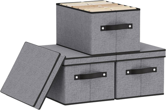 Fabric Storage Boxes, 7.1 x 9.1 x 13 Inch Baskets for Shelves with Lids, Wardrobe Organiser with Handles, Decorative Linen Closet Organizer Bins, Gray, 3 Pack