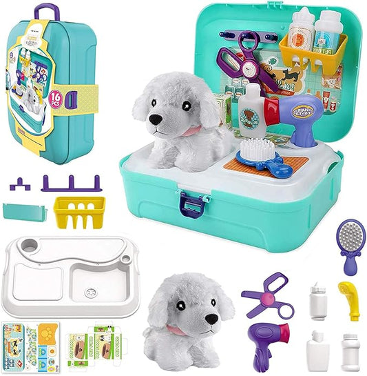 TEUVO Pet Care Play Set Doctor Kit for Kids, 16 Pcs Doctor Pretend Play Vet Dog Grooming Toys Puppy Dog Carrier Feeding Dog Backpack Gifts for Girls Boys 3-7 Years Old