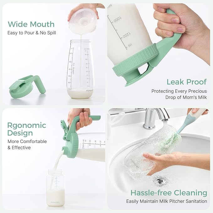 Momcozy Glass Breast Milk Pitcher, Formula Breastmilk Storage Container, Heat & Cold Resistant, No Leak Pitcher for Breastmilk with Wide Mouth, Fast Baby Formula Maker, 48OZ, 1 Count