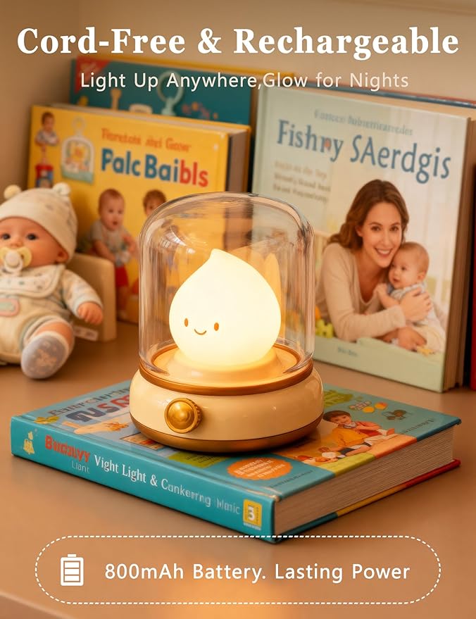 Smiley Night Light for Baby Nursery, Eye Caring Mood Lighting, Rechargeable Silicone Flame Nightlight, Cute Care Lamp Birthday Gifts for Mom, Kids, Toddler