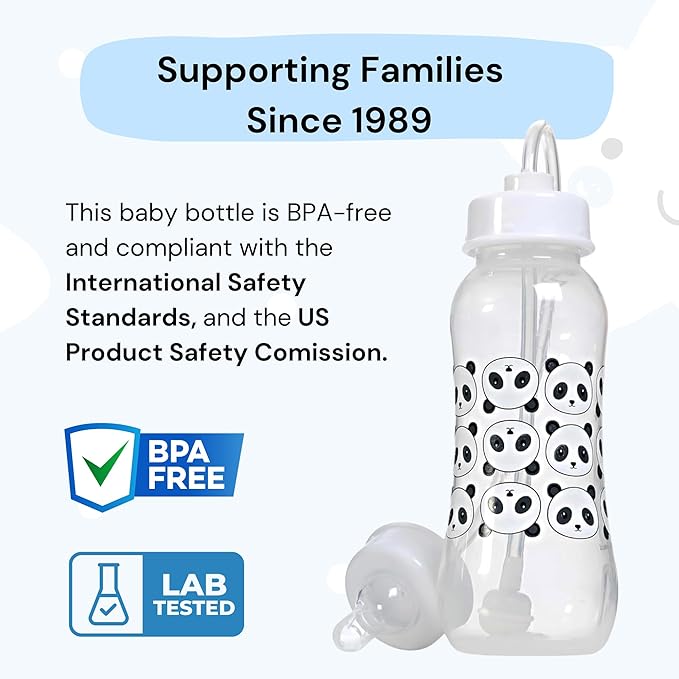 Hands-Free Baby Bottle - Anti-Colic Nursing System 9 oz Baby Bottle with Fast Flow Nipple/Teat 3m+ Infant with Tube Straw Feeding System for Toddler (2 Bottles - Panda)