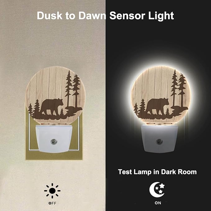 Bear Night Lights Plug into Wall Wildlife Cute Brown Bear Trees Woods Silhouette Night Light Dusk to Dawn Sensor LED Lighting for Bedroom Bathroom Living Room