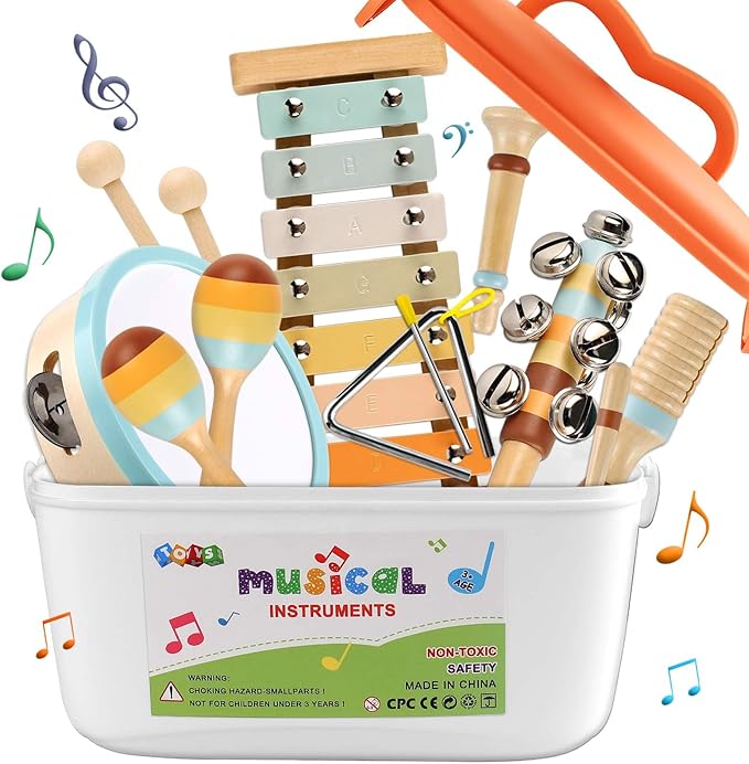 LOOIKOOS Baby Musical Instruments,Montessori Wooden Toys for Toddlers 1-3 Preschool Educational Neutral Colors Percussion Instruments Set with Modern Boho Xylophone for Kids