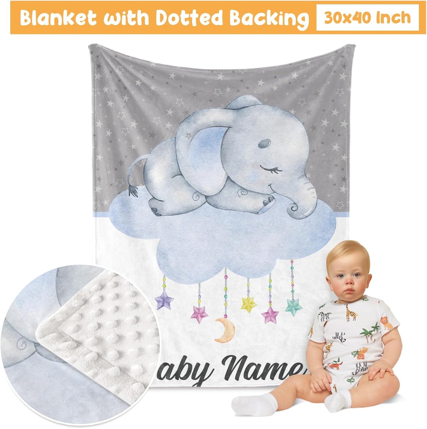 Custom Crib Bedding Set - Elephant Design Personalized Name Baby Nursery Bed 3 Pcs Set - Chic Soft Blanket with Dotted Backing, Sheet, Pillowcase for Newborn Girls Boys Gifts Color17