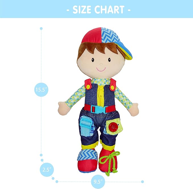 June Garden 15.5" Dressy Friends Lucas - Educational Stuffed Plush Doll for Kids and Toddlers 2 Years and Up - Montessori Buckle Soft Toy