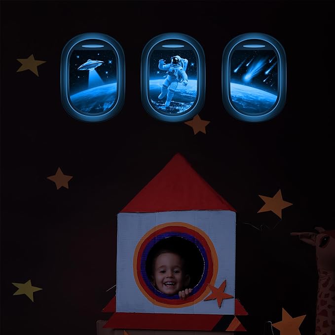 Glow in The Dark 3D Space Wall Decals, Set of 3 Galaxy Window Stickers for Wall, Space Themed Room Decor for Kids Boys (Blue)