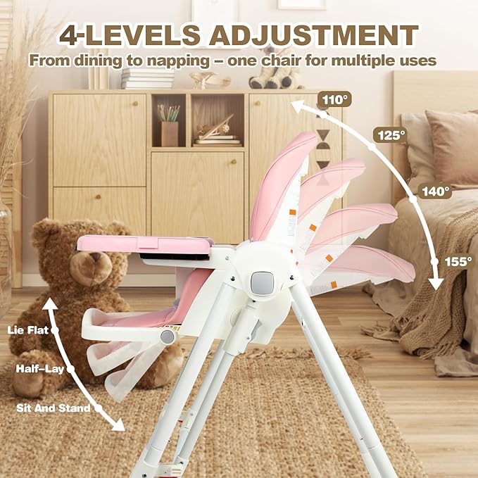 High Chairs for Babies and Toddlers Foldable High Chair Adjustable with Reclining Seat & Leg Rest, 3-in-1 Convertible Baby Swings with Tool-Free Assembly (Pink)