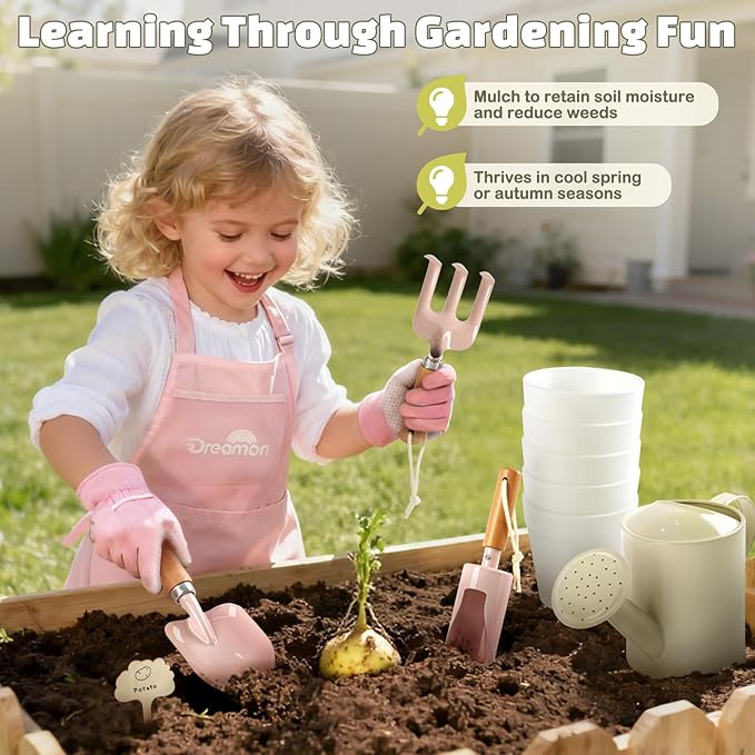 Dreamon Gardening Set Toys for Kids, Quality Garden Tool Kit Includes Tote Bag, Apron, Gloves, Shovel, Rake, Cultivator, Watering Can, STEM Learning Outdoor Gifts for Kids Toddlers (Pink)