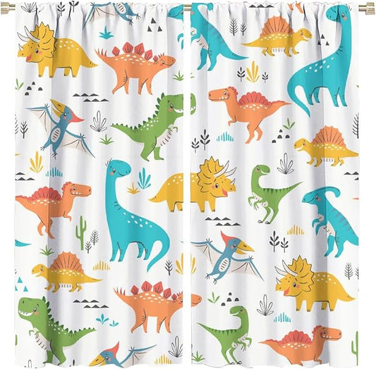 Kids Dinosaur Curtains for Boy Girl Bedroom Decor Cartoon Dino Colorful Cute Funny Animal Wildlife Printed Blackout Rod Pocket Window Drapes for Baby Nursery Playroom Living Room W21xL54in 2 Panels