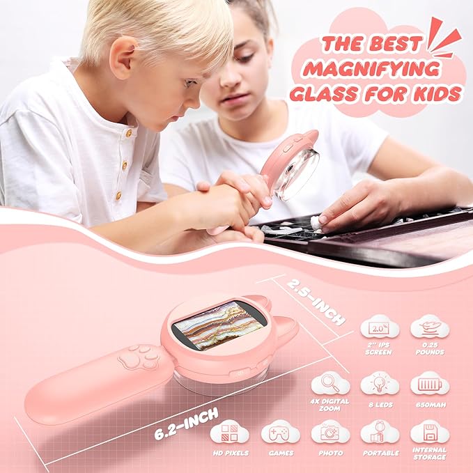 100X Handheld Microscope with 2" LCD Screen, Magnifying Glass for Kids with 8 LED Lights, Christmas Birthday Gifts for Children