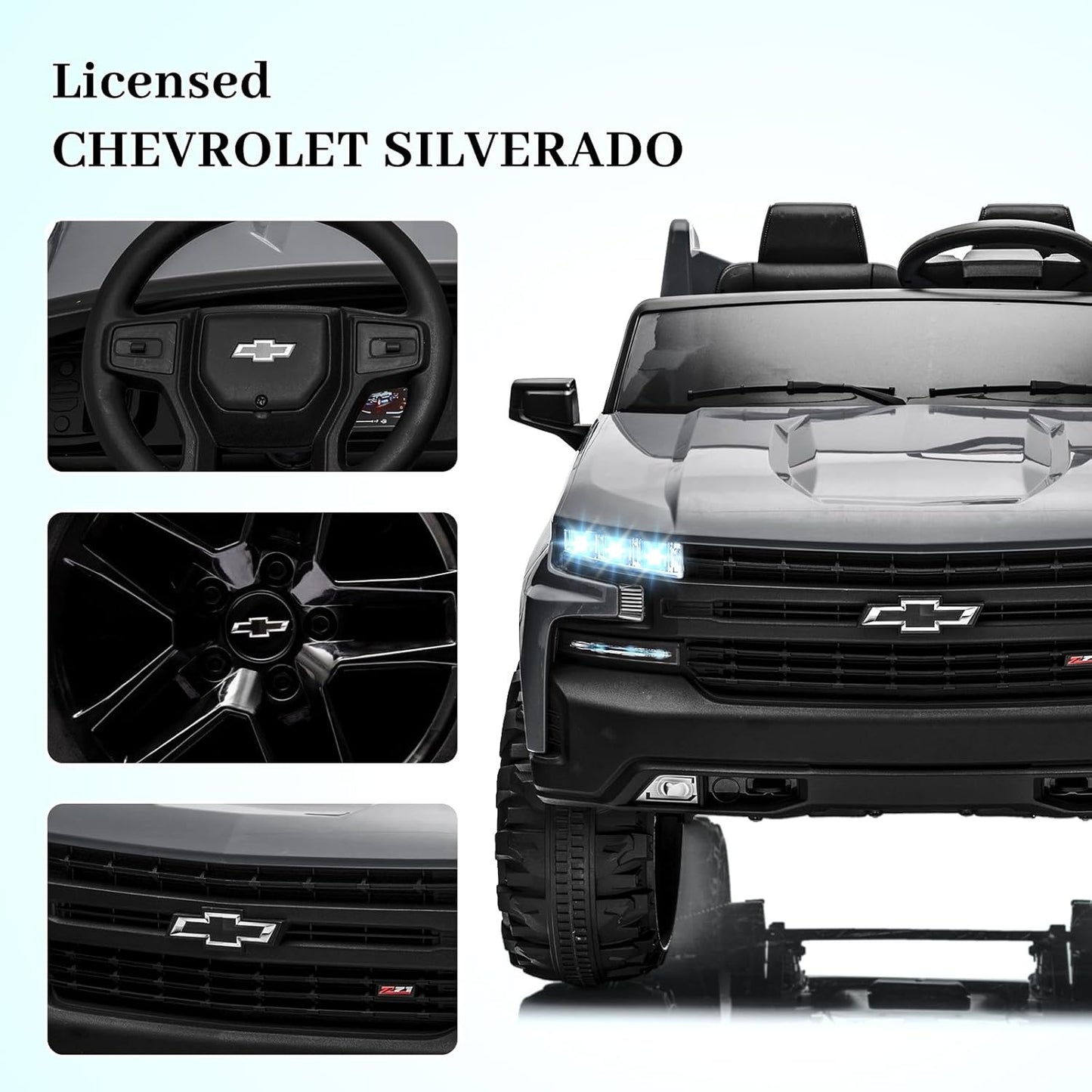 Hetoy 24V 2-Seater Truck Licensed Chevrolet Silverado Ride On Car Toy w/Parent Remote Control,4xSpring Suspension, 3 Speeds, Wireless Music, MP3 Player, Electric Vehicle Car for Kids,Grey