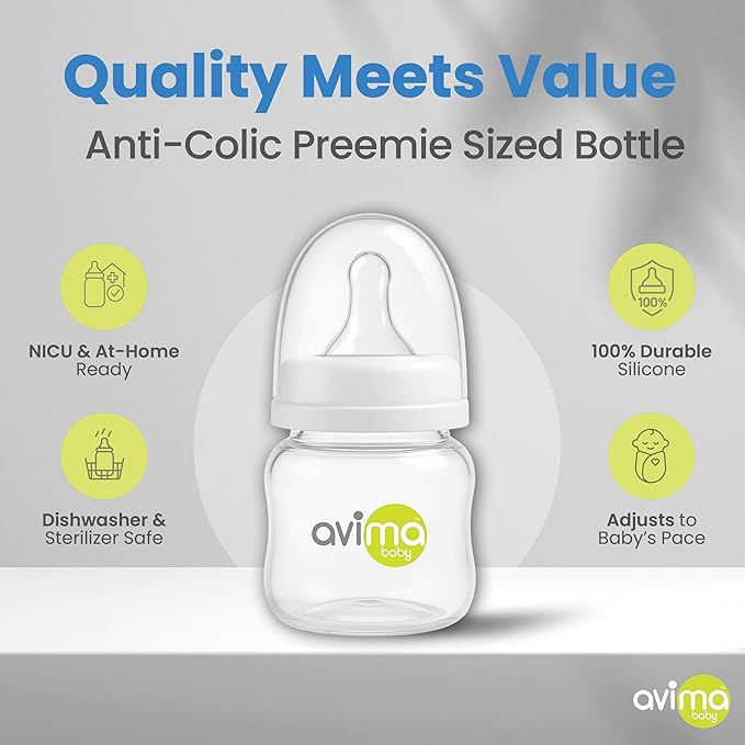 Avima Baby Anti-Colic Preemie Bottles 2oz – 6 Pack, Standard Neck, BPA-Free, 100% Silicone Nipples with Flow Control – Feeding Bottles for Newborns & Premature Babies