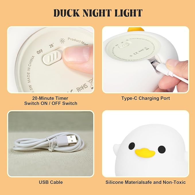 YuanDian Dodo Duck LED Night Light - Cute Silicone Duck Lamp for Bedrooms, Living Room - Rechargeable, Touch Sensor Bedside Table Lamp