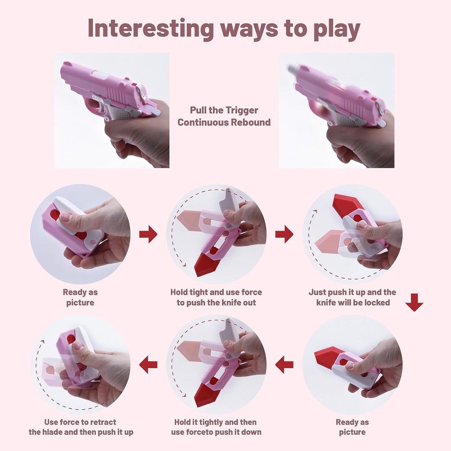 4 PCS Fidget Toys Set，3D Printing Fidget Knife Toy and Pistol Toys,Fidget Toys Adults and Kids，Sensory Toy Fidget Toys for Classroom，Suitable for Relieving ADHD,Stress, Anxiety (Pink Set)