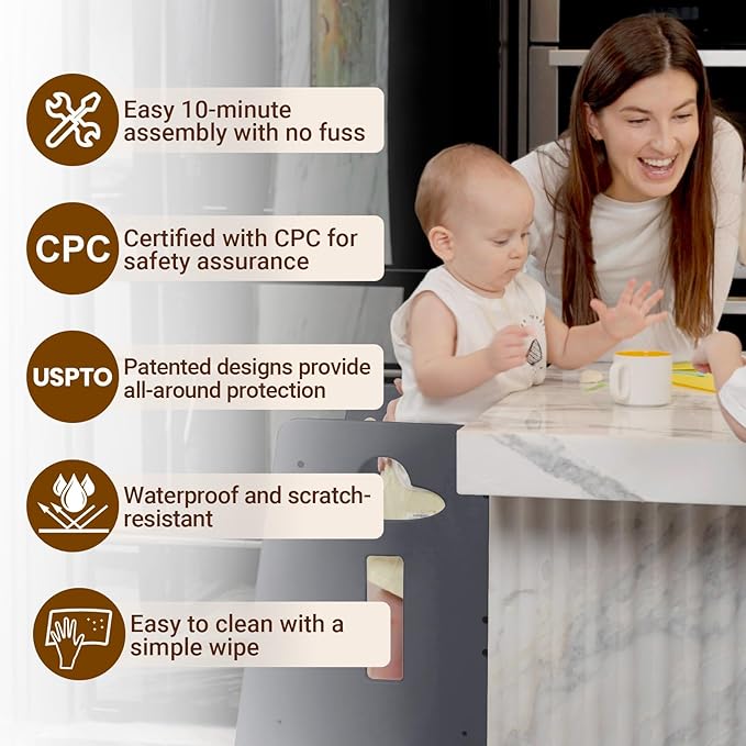 COSYLAND Toddler Standing Tower Adjustable Height - Super Stable Kids Kitchen Stool Helper - 3 Levels Adjustable Wooden Toddler Kitchen Stool (Natural & Light Gray)