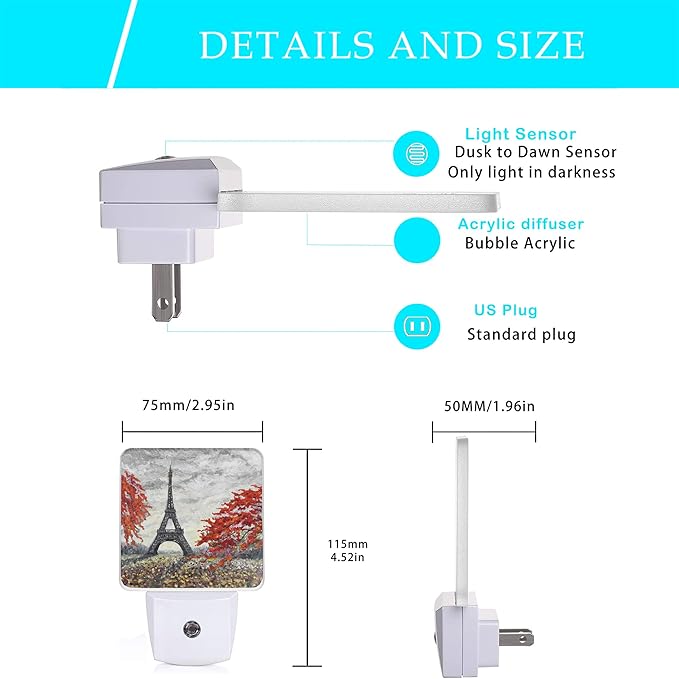 Eiffel Tower Night Light,Paris Spring Red Plug in Night Lights 0.5W Sleep Friendly for Boys Girls Led Night Light Dusk to Dawn Sensor Nightlight for Stairway/Hallway/Kitchen