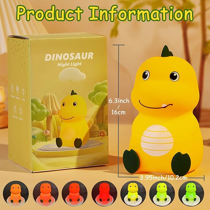 Night Light for Kids Cute Dinosaur Night Light,16 Colors Silicone Dimmable Baby Night Lights for Nursery, Rechargeable Nightlight for Kids Room,Gifts Stuff for Boys Girls Baby,Toddler Decor