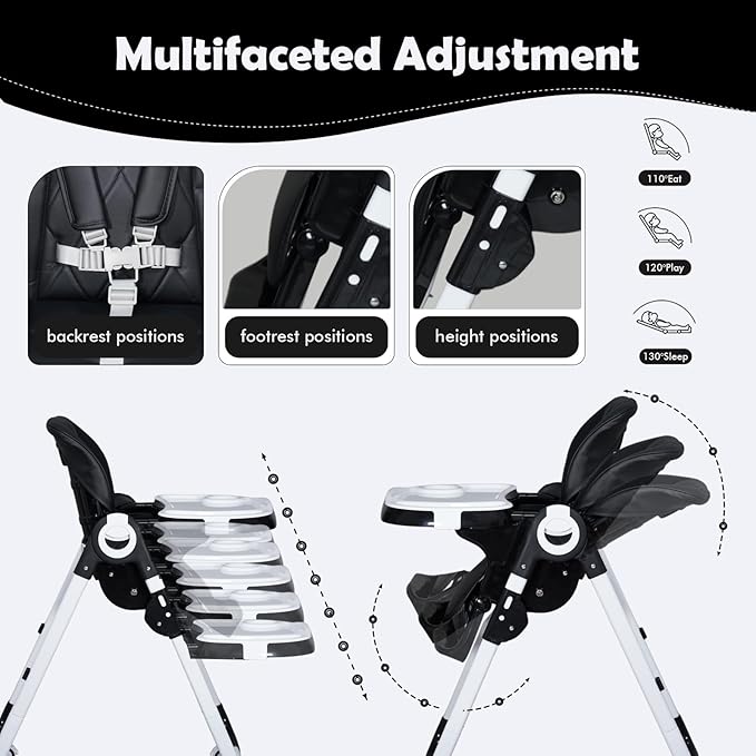 4 in 1 Baby High Chair, High Chairs for Babies and Toddlers, Foldable Highchair with 4 Wheels, 4 Levels of Recline and 7 Levels of Height Adjustment (Black)