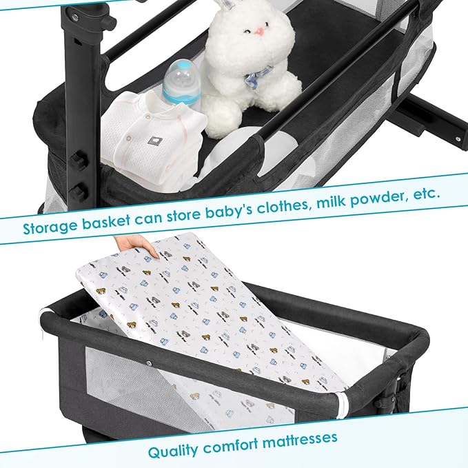 Baby Bassinet, Baby Basinet Bedside Sleeper, Easy to Fold Portable Crib Side Bassinet 2025new Style Girl/boy bassinets (Dark Gray)