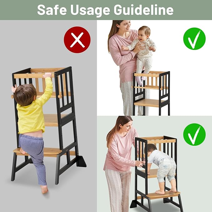 COSYLAND Toddler Standing Tower - Adjustable Height Toddler Kitchen Stool Helper - Kids Kitchen Step Stool for Learning with Removable Safety Railing Black&Natural