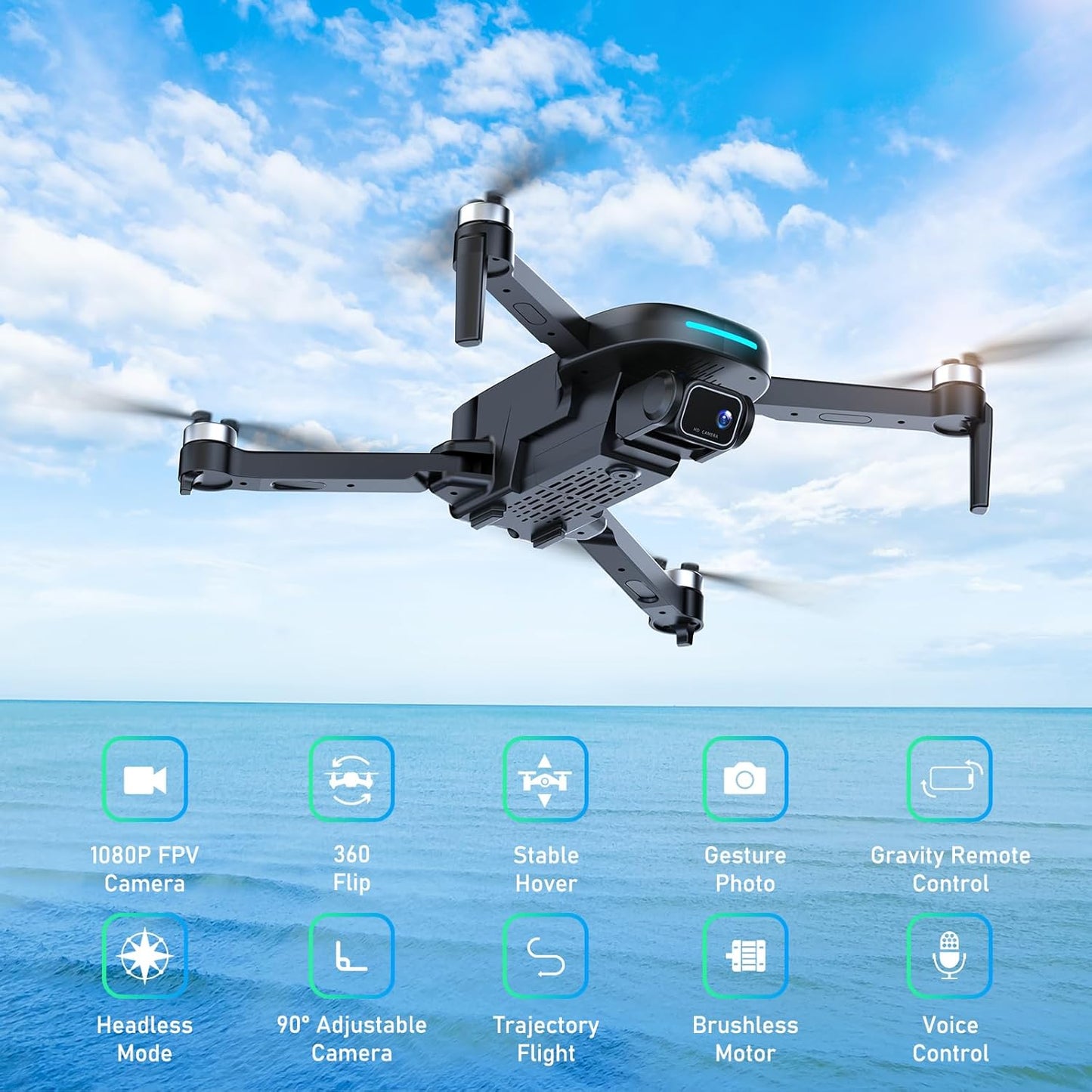 Drone with Camera, 1080P HD FPV Drone with Brushless Motor, One Key Take Off/Landing, Altitude Hold, Gesture Selfie, 3D Flips, 2 Batteries, Drones for Kids 14+