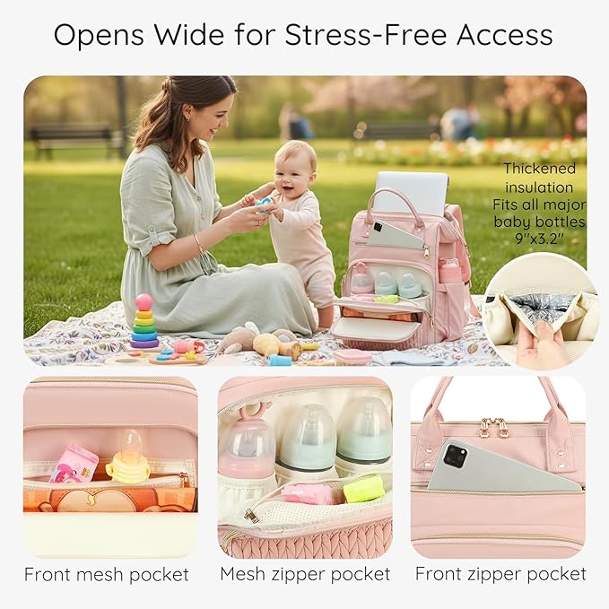 AIJIEKE Diaper Bag, Large Wide-Open Baby Diaper Backpack, Multi-functional Baby Travel Tote Bag, Diaper Bag with Changing Pad, Diaper Bags for Mom & Maternity (Pink)