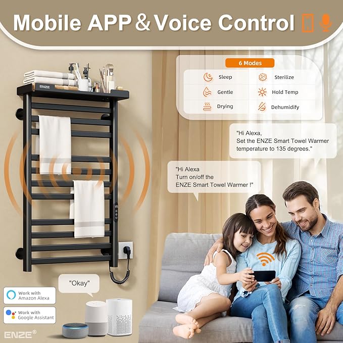 ENZE Heated Towel Rack with Shelf and Wi-Fi App Control, 11 Bars Electric Wall Mounted Towel Warmer with Timer & Adjustable Temperature, Low Carbon Steel, Plug-in/Hardwired, Matte Black