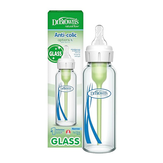 Dr. Brown's Anti-Colic Options+ Narrow Glass Baby Bottle with Level 1 Slow Flow Nipple, BPA-Free, 8 oz/250 mL, 1-Pack