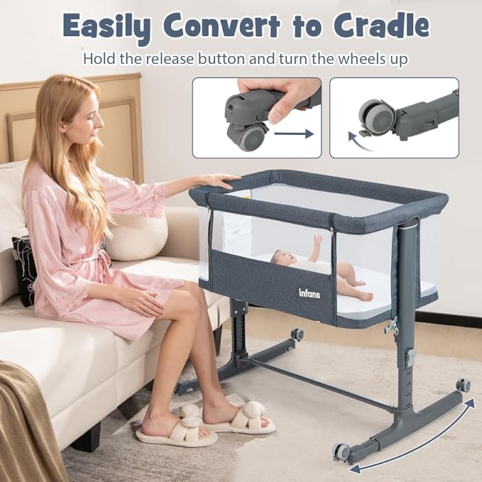INFANS 3 in 1 Baby Bassinet, Bedside Sleeper for Newborn, Folding Crib with Mattress, Travel Bag, Wheels, 4-Sided Mesh, Easy to Assemble Cradle Co Sleeper Stationary, Rock (Dark Grey)