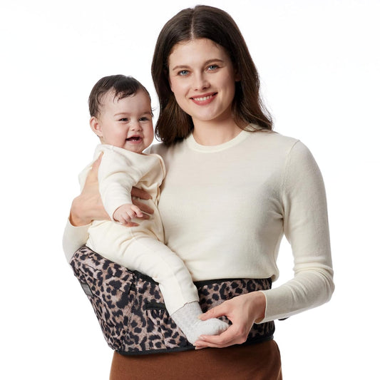 Momcozy Hip Seat Baby Carrier - Adjustable Waistband with Original 3D Belly Protector, Ergonomic Carrier with Various Pockets for Newborns & Toddlers up to 45lbs (Leopard, Large)