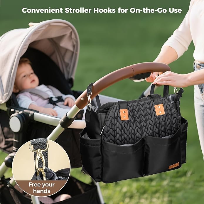 Lekebaby Diaper Bag Tote, Large Diaper Bags Waterproof,Large Mommy Bag Tote Bag Handbag Pink Travel, Black and Beige